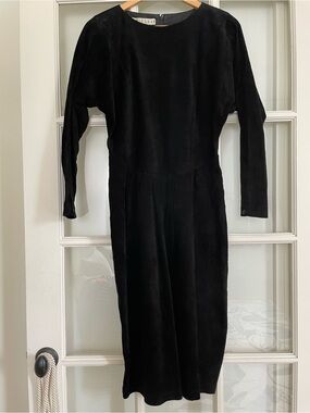 Joanie Char Geniune Suede Leather Dress 80s Vintage Black Long Sleeve Size 8